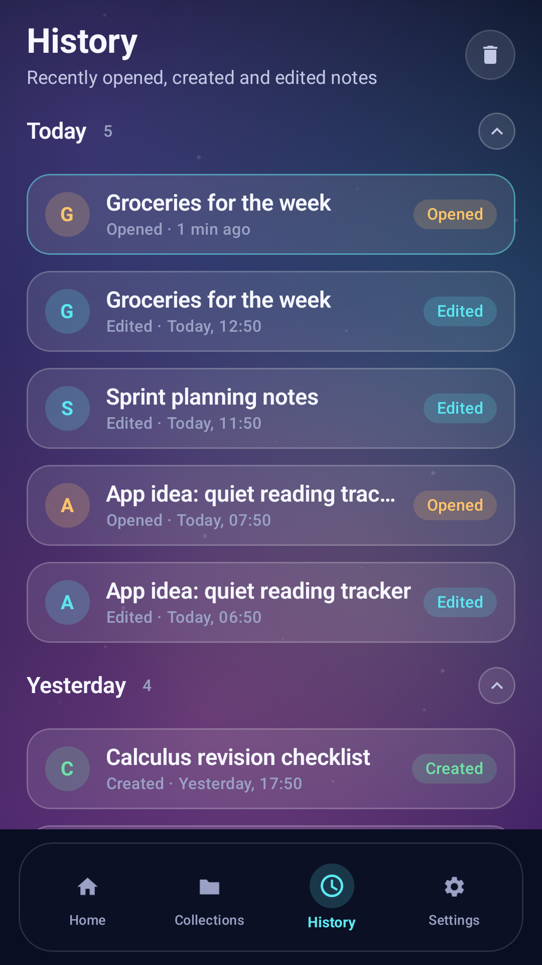 BrightNote history screen